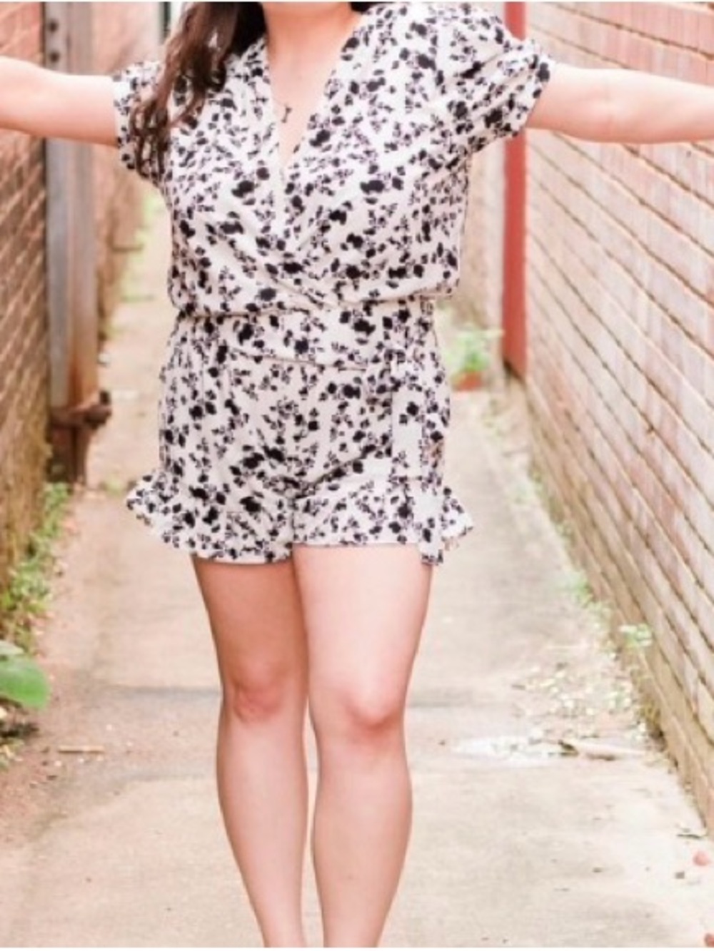 eesome Black & White Floral Wrap Romper with Tie Waist